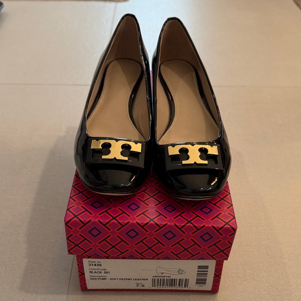 Tory Burch Black Patent Leather Flats with Gold Logo